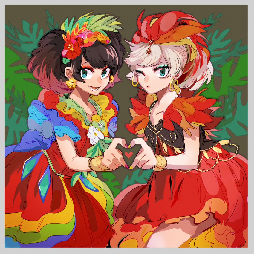 2girls absurdres animification blue_hair daisy_duck disneyland dress flower hair_flower hair_ornament heart highres humanization long_eyelashes looking_at_viewer mickey_mouse_&amp;_friends minnie_mouse moov_(mb_52) multiple_girls open_mouth short_hair short_sleeves smile