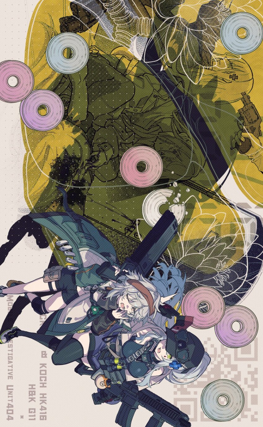 2girls animal_charm assault_rifle at_gunpoint bandana baseball_cap black_hat black_shoes black_shorts black_thighhighs blood blue_hair brown_hair bullpup caseless_firearm character_name commentary_request cross_hair_ornament flashbang g11_(girls&#039;_frontline) girls&#039;_frontline girls&#039;_frontline_2:_exilium green_eyes green_jacket grey_hair gun h&amp;k_g11 h&amp;k_hk416 hair_ornament handgun hat highres hk416_(girls&#039;_frontline) holding holding_gun holding_weapon jacket klukai_(girls&#039;_frontline_2) knee_pads long_hair looking_at_another magazine_(weapon) mechty_(girls&#039;_frontline_2) multicolored_jacket multiple_girls off_shoulder one_eye_closed open_mouth ponytail purple_jacket rabb_horn red_bandana revolver rifle shoes short_hair short_shorts shorts single_knee_pad sneakers teeth thighhighs two-tone_jacket weapon weapon_name white_jacket yawning