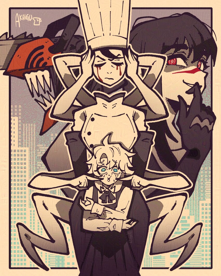 1boy 3girls absurdres akaiguarts apron arthropod_limbs blood bloody_tears blue_eyes chainsaw chainsaw_man cheek_poking chef chef_hat closed_eyes denji_(chainsaw_man) dress extra_arms falling_devil_(chainsaw_man) flat_top_chef_hat gloves hat highres holding_detached_head long_sleeves multiple_girls pants pinafore_dress poking red_eyes scar scar_on_face scar_on_nose sharp_teeth sleeveless sleeveless_dress teeth waist_apron white_haired_girl_(chainsaw_man) yoru_(chainsaw_man)