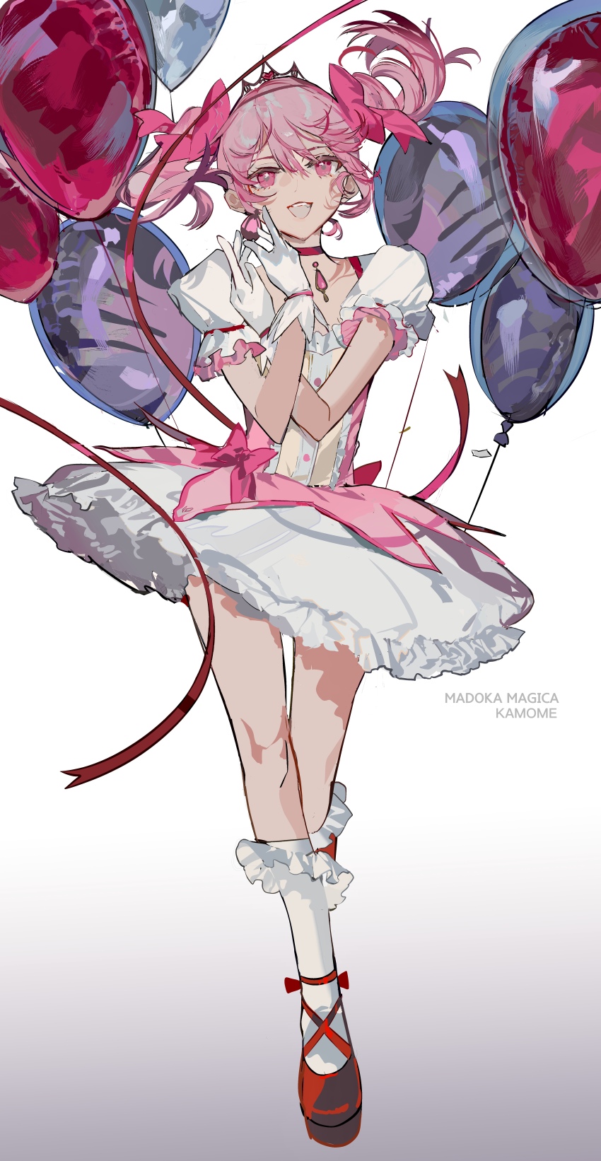 1girl absurdres balloon bow character_name crossed_arms dress dress_bow frilled_socks frills full_body gloves hair_bow highres kaname_madoka kaname_madoka_(magical_girl) looking_at_viewer magical_girl mahou_shoujo_madoka_magica mahou_shoujo_madoka_magica_(anime) open_mouth ouge_dz pink_bow pink_eyes pink_hair puffy_short_sleeves puffy_sleeves red_ribbon red_shoes ribbon shoes short_sleeves short_twintails socks solo soul_gem tiara twintails white_gloves white_socks