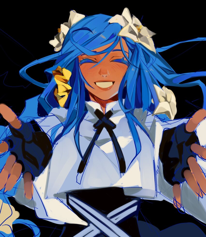 1girl alternate_skin_color blue_hair borcheim breasts dizzy_(guilty_gear) elbow_gloves fingerless_gloves flower gloves guilty_gear guilty_gear_strive hair_flower hair_ornament highres long_hair official_alternate_costume official_alternate_hairstyle outstretched_arm queen_dizzy reaching reaching_towards_viewer swept_bangs tan very_long_hair