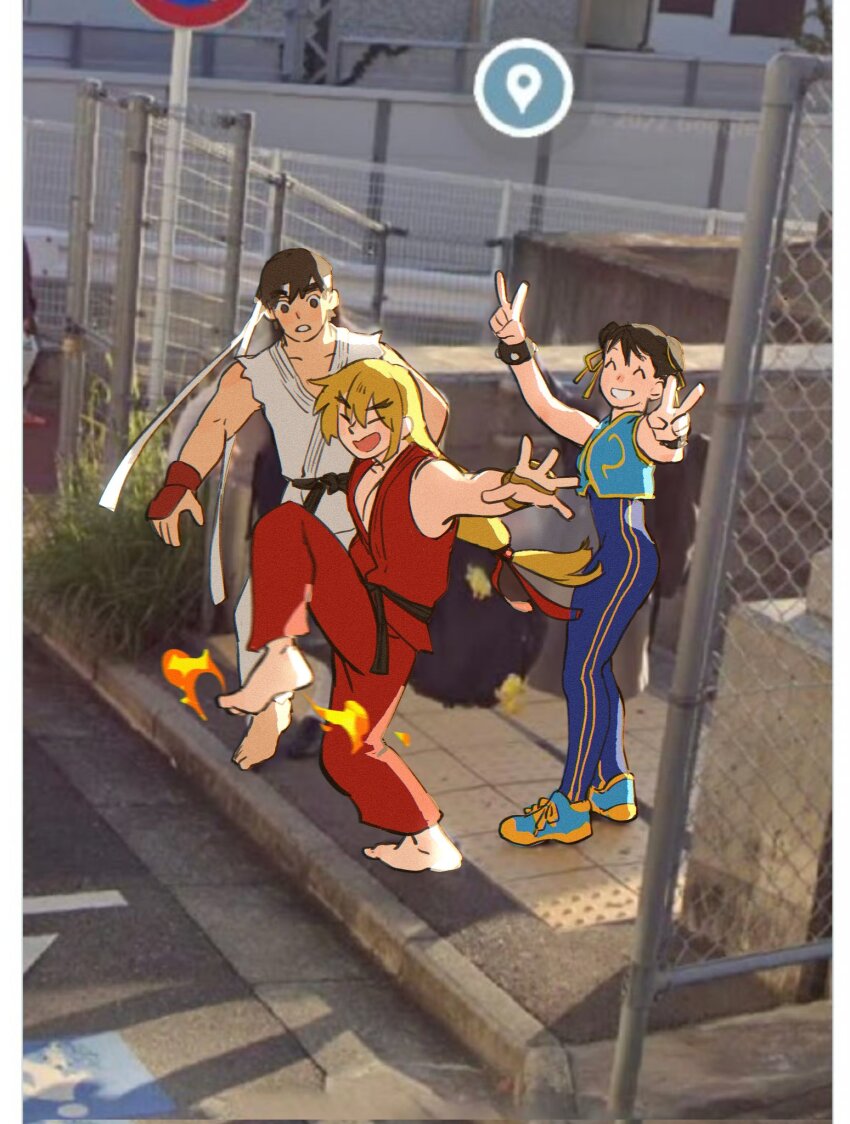 1girl 2boys ^_^ barefoot belt black_belt black_shirt blonde_hair blue_jacket blue_jumpsuit border bracelet brown_eyes brown_hair capcom chun-li closed_eyes commentary cre_sendopedal cropped_jacket double_bun double_v dougi fingerless_gloves fire gloves grin hair_between_eyes hair_bun hair_ribbon hair_tie headband high_school_girls_posing_for_google_street_view_(meme) highres jacket jewelry jumpsuit karate_gi ken_masters knee_up long_hair looking_at_another meme multicolored_footwear multiple_boys open_mouth red_gloves red_shirt ribbon ryu_(street_fighter) shirt shoes sleeveless smile sneakers spiked_bracelet spikes standing standing_on_one_leg street_fighter street_fighter_zero_(series) striped_clothes teeth thick_eyebrows torn_clothes torn_sleeves v white_border white_headband yellow_ribbon yellow_stripes yellow_trim
