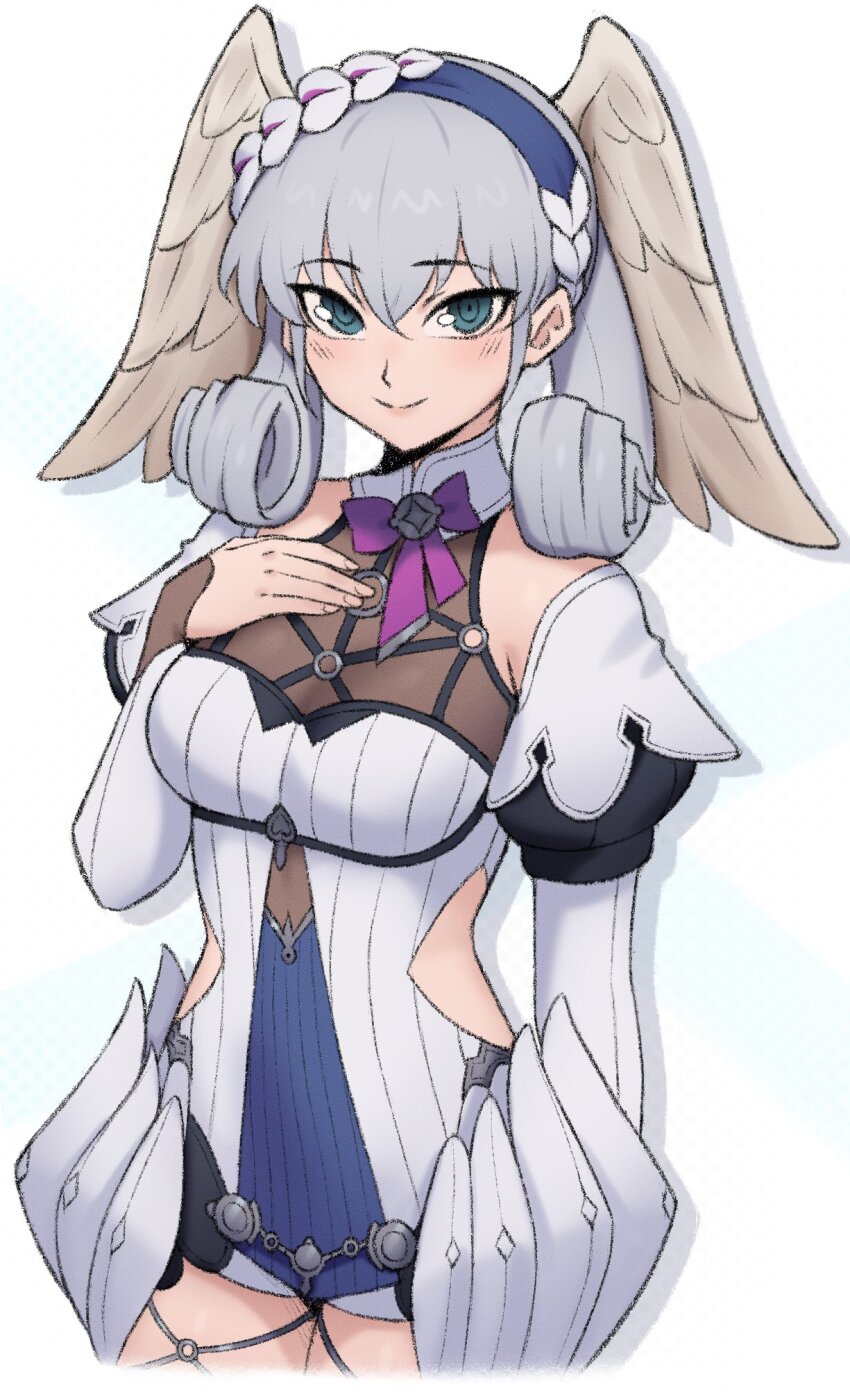 1girl blue_eyes blue_hairband bow breasts closed_mouth commentary curly_hair edmonmondo english_commentary grey_hair hairband head_wings highres looking_at_viewer medium_breasts melia_antiqua purple_bow simple_background smile solo standing white_background wings xenoblade_chronicles:_future_connected xenoblade_chronicles_(series) xenoblade_chronicles_1