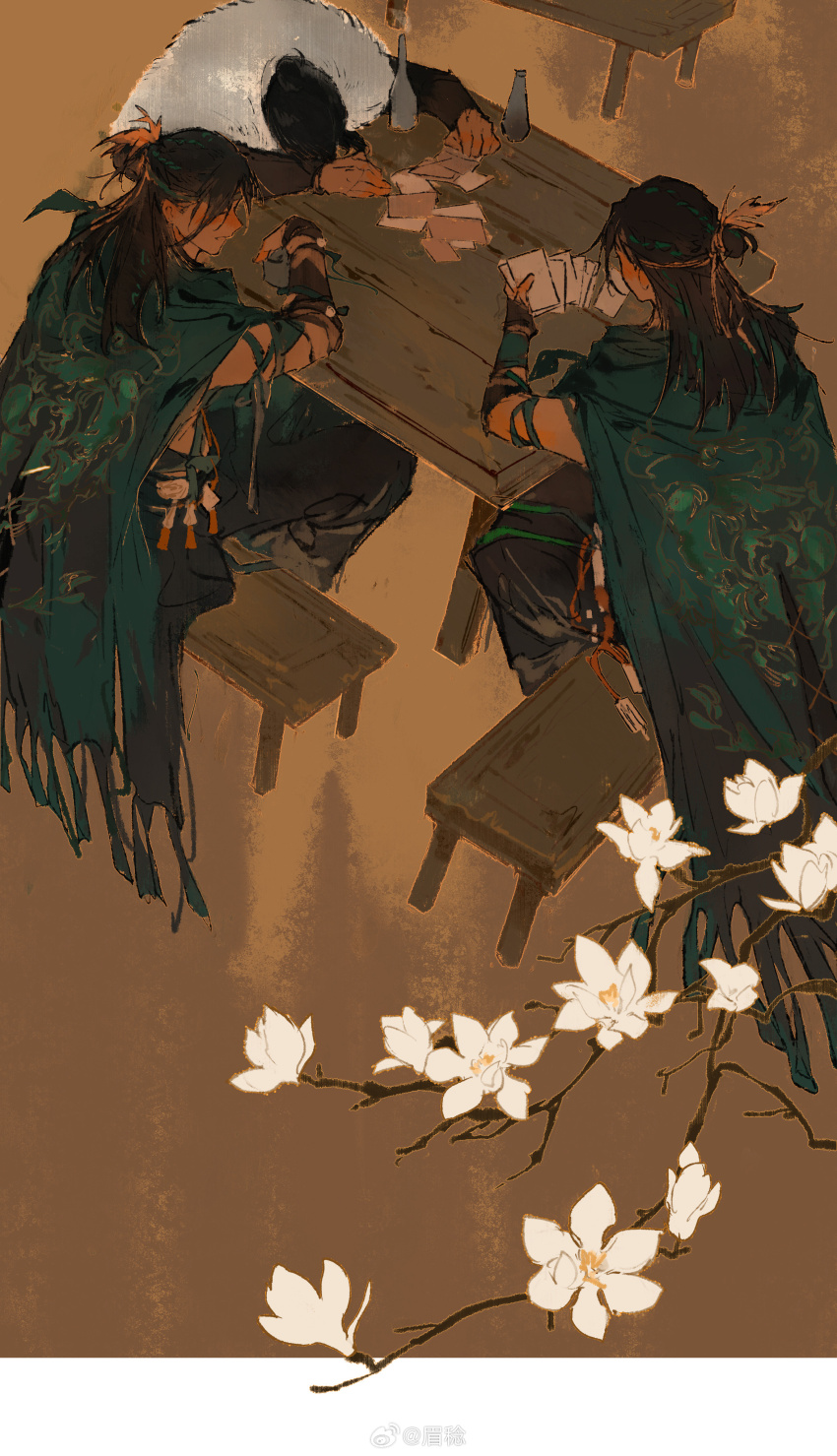 3boys absurdres arm_on_table black_hair black_pants blush bottle bracelet cape card chinese_clothes chinese_commentary closed_mouth commentary_request drunk feather_hair_ornament feathers flower from_behind full_body fur_cape green_cape hair_bun hair_ornament half_updo head_on_table highres holding holding_card jewelry long_hair male_focus mei_ren multiple_boys on_bench original pants parted_lips playing_card single_hair_bun sitting smile white_cape white_flower