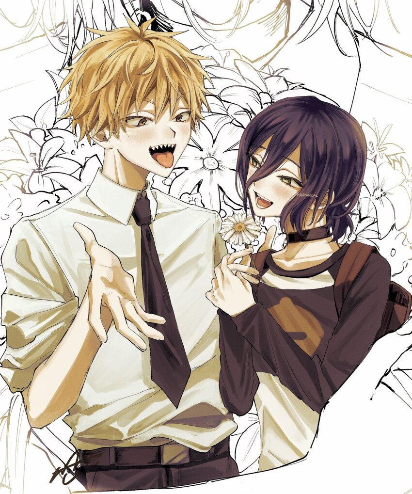 1boy 1girl backpack bag black_choker black_necktie black_pants black_sleeves blush brown_bag chainsaw_man choker collared_shirt cropped_torso denji_(chainsaw_man) flower gerbera green_eyes grenade_pin hair_between_eyes hair_bun hetero highres holding holding_flower looking_at_another medium_hair n4n4sn necktie open_mouth pants print_shirt reze_(chainsaw_man) sharp_teeth shirt short_hair sleeves_rolled_up smile teeth tongue tongue_out updo upper_body white_shirt yellow_eyes