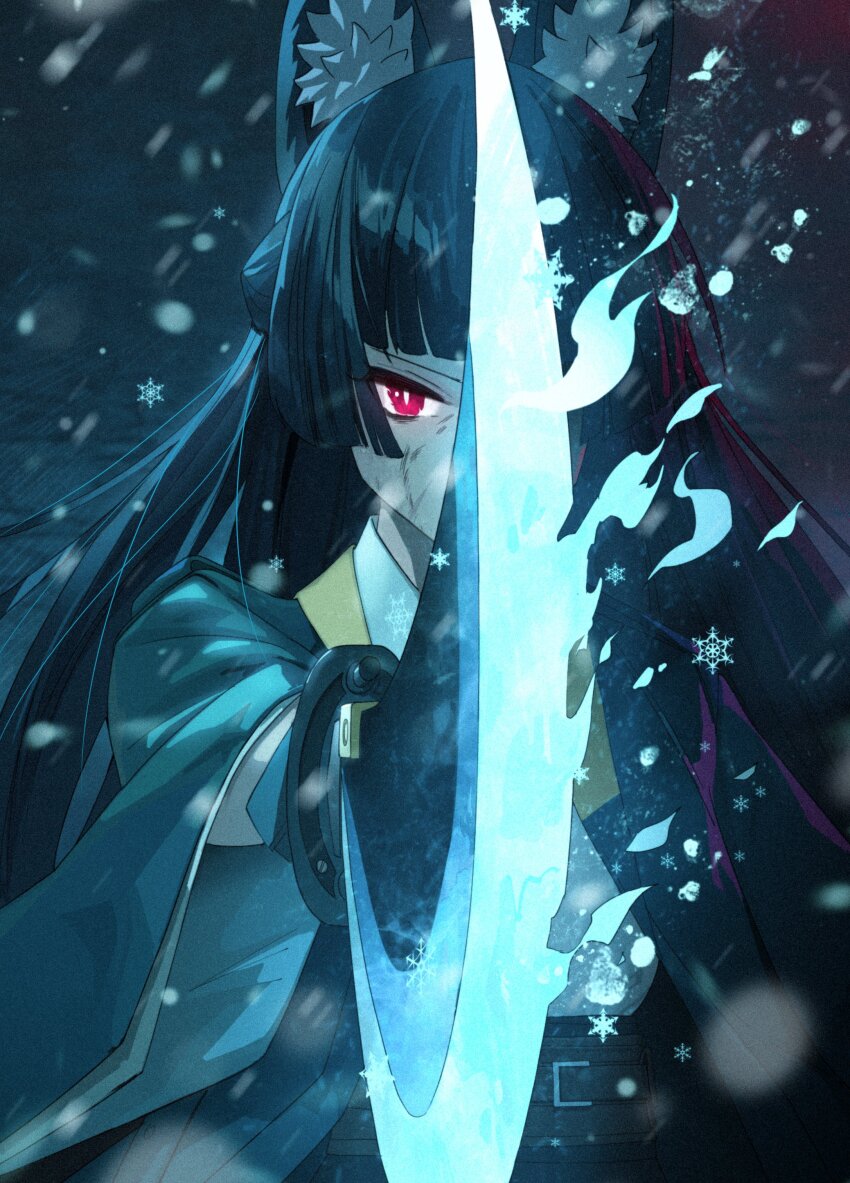 1girl absurdres animal_ear_fluff animal_ears black_hair blunt_bangs blunt_sidelocks fire flaming_sword flaming_weapon foreshortening fox_ears fox_girl green_jacket highres hime_cut hoshimi_miyabi jacket long_hair looking_at_viewer midfinger pointing_melee_weapon pointing_sword red_eyes sidelocks snow solo sword weapon wide_sleeves zenless_zone_zero