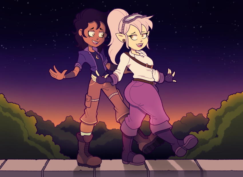 2girls absurdres amity_blight black_hair brown_eyes couple dancing duet eyelashes hair_ornament highres long_hair luz_noceda medium_hair multiple_girls music pink_hair pointy_ears ponytail singing star_(sky) sunset the_owl_house tonyneely yellow_eyes