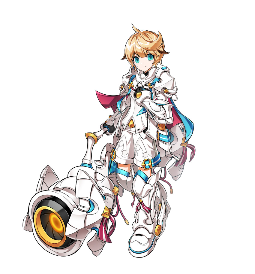 1boy absurdres ahoge aqua_eyes armor armored_boots black_gloves blonde_hair blue_cape blunt_bangs boots bracer brown_hair cape chung_seiker closed_mouth colored_tips crossed_ankles elsword full_body game_cg gloves hair_ears hand_on_own_chest happy highres holding_cannon huge_weapon looking_at_viewer loose_hair_strand multicolored_hair official_art pauldrons pink_cape ress second-party_source shirt short_hair shorts shoulder_armor smile solo standing tachi-e tareme thigh_boots transparent_background two-sided_cape two-sided_fabric weapon white_boots white_shirt white_shorts