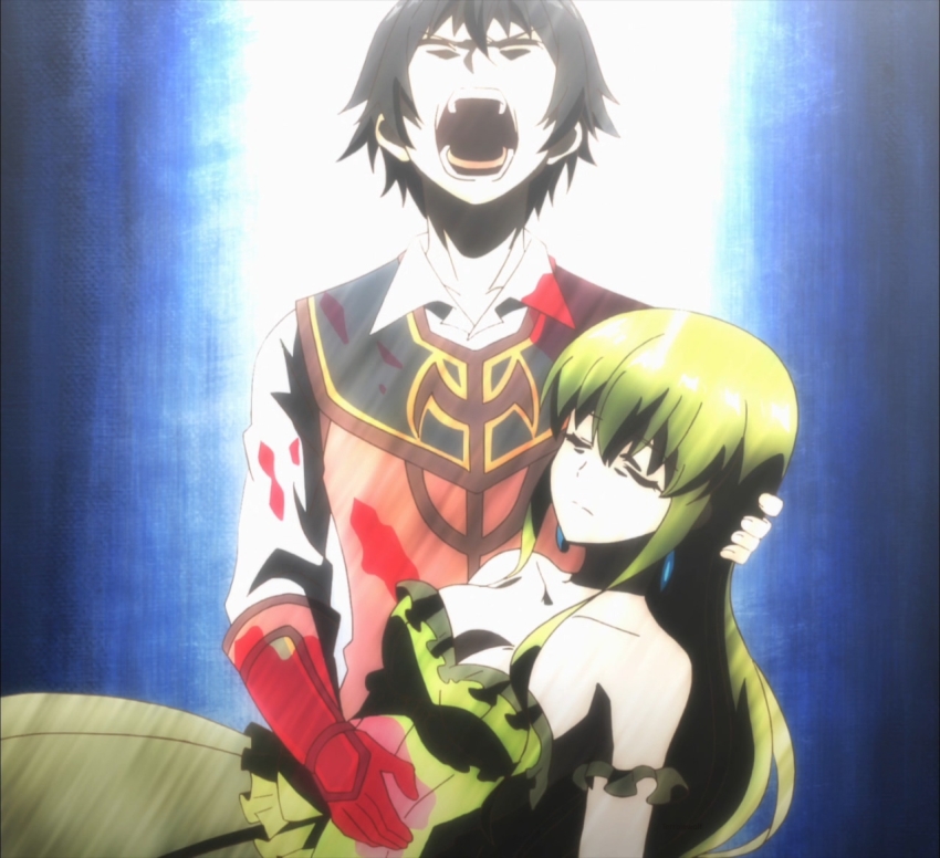 1boy 1girl anastasia_(isekai_cheat_magician) bare_shoulders blood breasts cleavage dress earrings frilled_dress frills green_dress green_hair isekai_cheat_magician jewelry large_breasts long_hair nishimura_taichi skirt spoilers stitched third-party_edit