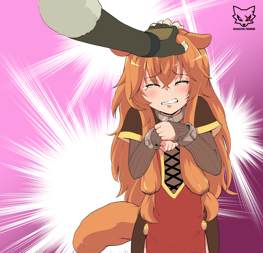 1girl animal_ears armored_gloves artist_logo artist_name black_dress blush brown_gloves closed_eyes collar commentary_request detached_arm disembodied_hand dress eyelashes facing_viewer fingerless_gloves gloves grin hair_between_eyes headpat highres iwatani_naofumi layered_dress logo long_hair long_sleeves messy_hair metal_collar metal_wrist_cuffs open_mouth orange_hair pink_background raccoon_ears raccoon_girl raccoon_tail raphtalia red_dress scared shadowfenrir short_sleeves signature smile solo striped_clothes striped_dress tail tate_no_yuusha_no_nariagari tearing_up two-tone_dress upper_body variant_set vertical-striped_clothes vertical-striped_dress