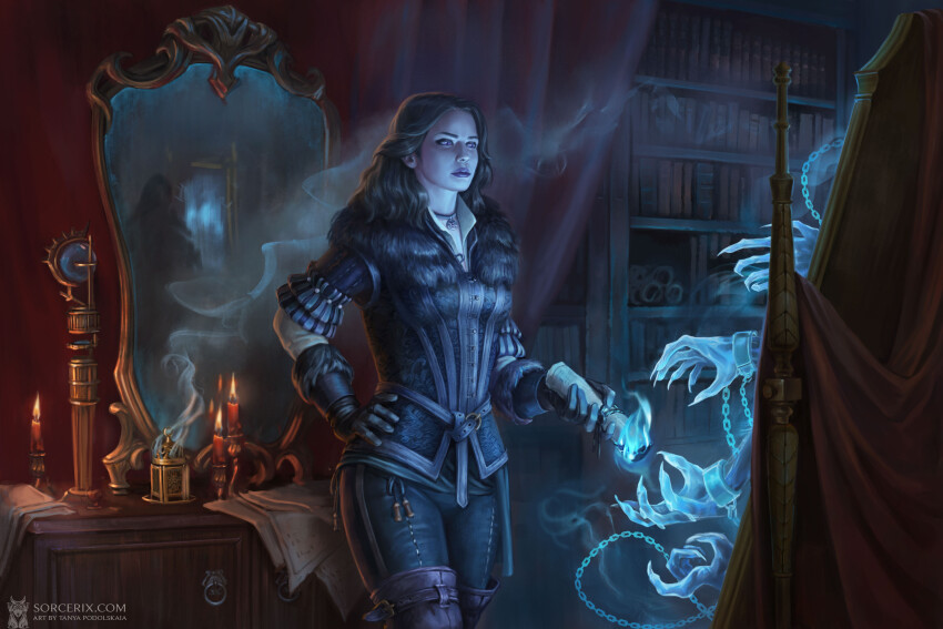 1girl absurdres artist_name black_choker black_gloves black_hair black_jacket black_pants candle choker ghost gloves hand_on_own_hip highres holding holding_scroll indoors jacket long_hair mirror night pants pendant_choker purple_eyes scroll tanya_podolskaia the_witcher_(series) the_witcher_3 watermark web_address yennefer_of_vengerberg