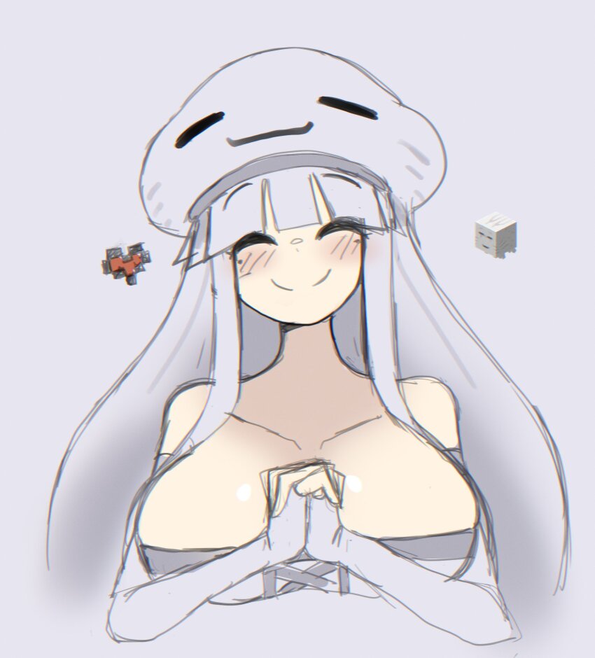 1girl bare_shoulders blush breasts cleavage closed_eyes closed_mouth collarbone creature_and_personification doce dress elbow_gloves fingerless_gloves ghast gloves happy_ghast hat heart highres interlocked_fingers large_breasts long_hair minecraft mole mole_under_each_eye mole_under_eye multiple_moles off-shoulder_dress off_shoulder own_hands_clasped personification smile upper_body white_background white_dress white_gloves white_hair white_hat