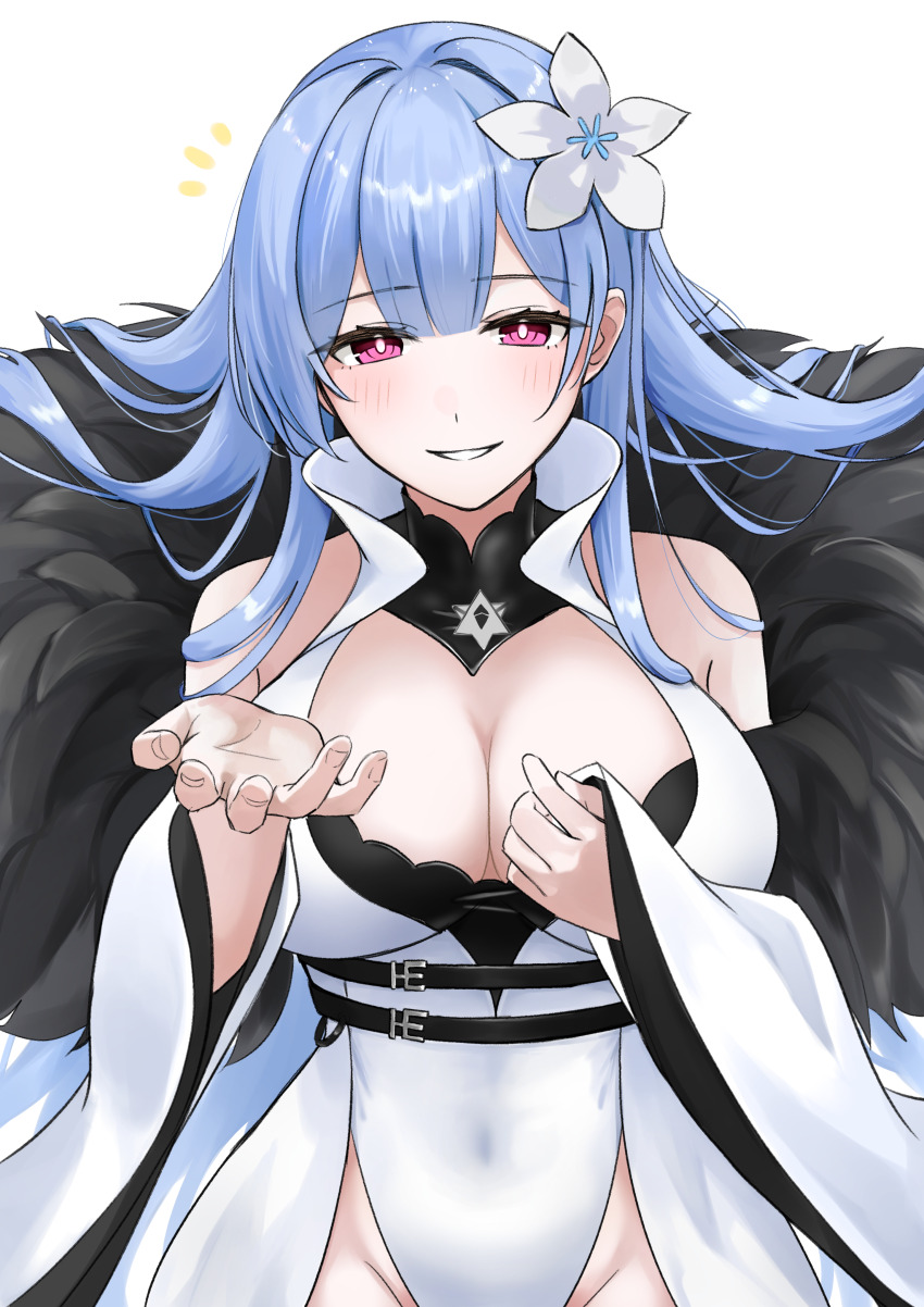 1girl absurdres azur_lane bare_shoulders black_fur blue_hair blush breasts cleavage coat covered_navel detached_sleeves flower fur-trimmed_coat fur_trim groin hair_flower hair_ornament highres large_breasts leotard long_hair mike_neu outstretched_hand red_eyes showgirl_skirt smile solo teeth very_long_hair voroshilov_(azur_lane) white_coat white_leotard
