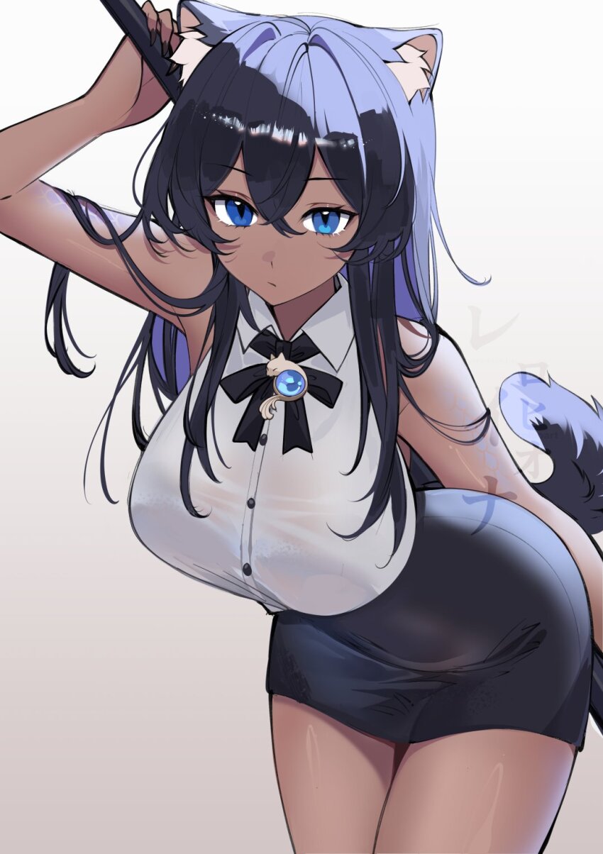 1girl animal_ear_fluff animal_ears black_hair black_skirt blue_eyes breasts buttons dark-skinned_female dark_skin highres large_breasts leaning_forward original rohioart skirt solo tail