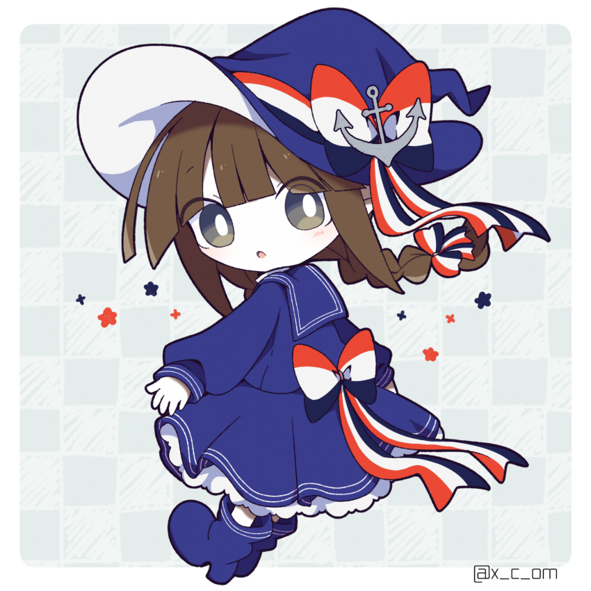1girl anchor_hat_ornament back_bow blue_bow blue_footwear blue_hat blue_sailor_collar blue_shirt blue_skirt border bow braid bright_pupils brown_hair checkered_background chibi colored_skin frilled_skirt frills funamusea funamusea_(style) grey_background grey_eyes hat hat_bow hat_ornament highres light_blush looking_at_viewer multicolored_bow oounabara_to_wadanohara open_mouth red_bow sailor_collar shirt sidelocks skirt solo twin_braids twitter_username wadanohara white_border white_bow white_pupils white_skin witch_hat x_c_om