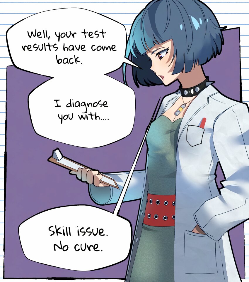 1girl absurdres black_collar blue_hair blunt_bangs breast_pocket breasts cleavage clipboard coat collar commentary doctor dress english_commentary english_text eyelashes gjh green_dress hand_in_pocket highres holding holding_clipboard meme open_clothes open_coat open_mouth persona persona_5 pocket purple_background red_eyes short_hair skill_issue_(meme) solo speech_bubble spiked_collar spikes standing takemi_tae white_coat