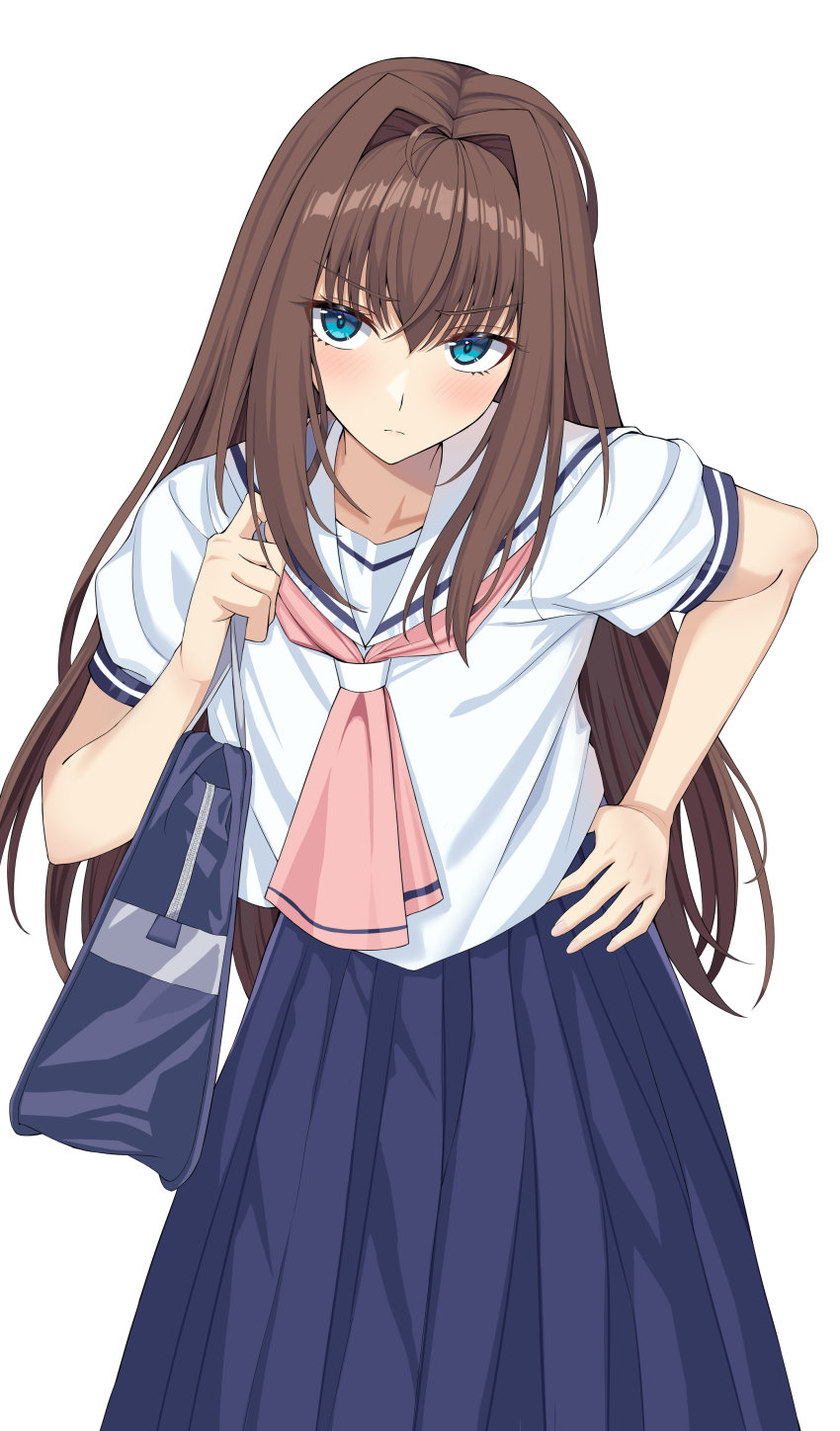 1girl absurdres aozaki_aoko aqua_eyes backpack bag blue_skirt blush brown_hair fate/grand_order fate_(series) hand_on_own_hip highres jishui3q long_hair looking_at_viewer mahou_tsukai_no_yoru neckerchief pink_neckerchief sailor_collar school_uniform serafuku shirt short_sleeves skirt solo type-moon white_sailor_collar white_shirt