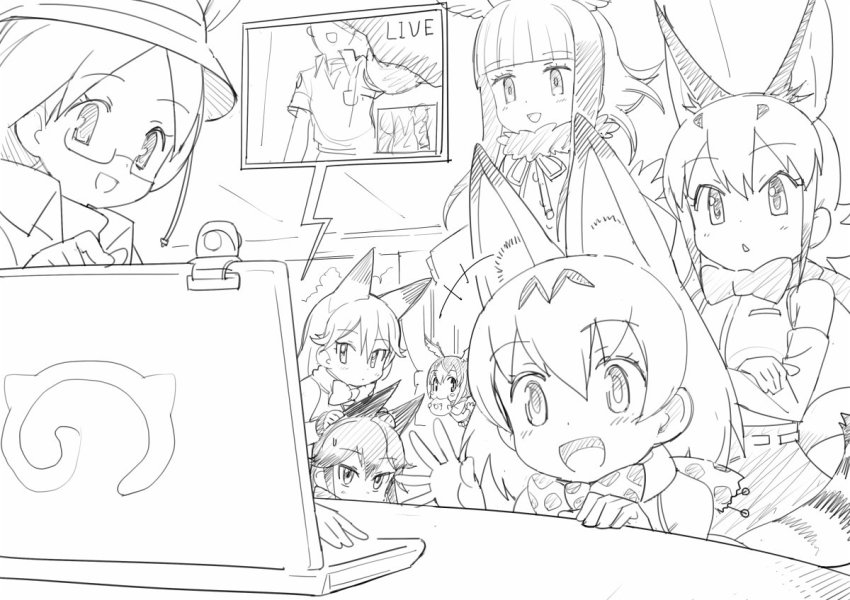 10s 1boy 6+girls :d :t animal_ears atlantic_puffin_(kemono_friends) bare_shoulders blunt_bangs blush blush_stickers bow bowtie buttons caracal_(kemono_friends) cat_ears cat_tail chibi chibi_inset collar collared_shirt commentary_request computer cross-laced_clothes crossed_arms dot_nose drawstring eating elbow_gloves english_text eyelashes ezo_red_fox_(kemono_friends) flying food food_in_mouth fox_ears fur_collar glasses gloves golden_eagle_(kemono_friends) greyscale hair_between_eyes hatching_(texture) head_wings indoors japanese_crested_ibis_(kemono_friends) japari_bun japari_symbol jitome kanemaru_(knmr_fd) kemono_friends kita_kitsune knmr_(knmr_fd) long_hair long_sleeves looking_afar looking_at_viewer mirai_(kemono_friends) monochrome multiple_girls north_atlantic_puffin_(kemono_friends) notebook official_art open_hand open_mouth park_guide pointing serval_(kemono_friends) serval_tail shirt short_hair short_hair_with_long_locks short_sleeves shy sidelocks silver_fox_(kemono_friends) simple_background sketch skirt sleeveless sleeveless_shirt smile striped_tail sweat t-shirt table tail tareme tree triangle_mouth tsurime video_camera waving white_background wings