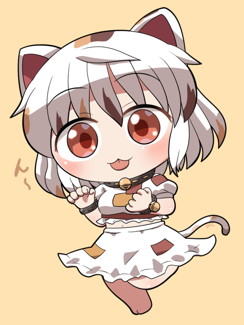 1girl :3 animal_ears barefoot bell blush calico cat_ears cat_girl cat_tail chibi chibi_only closed_mouth commentary_request full_body goutokuji_mike highres jingle_bell looking_at_viewer multicolored_hair navel neck_bell red_eyes rokugou_daisuke shirt short_hair short_sleeves signature simple_background skirt solo standing standing_on_one_leg streaked_hair tail tongue tongue_out touhou white_hair white_shirt white_skirt yellow_background