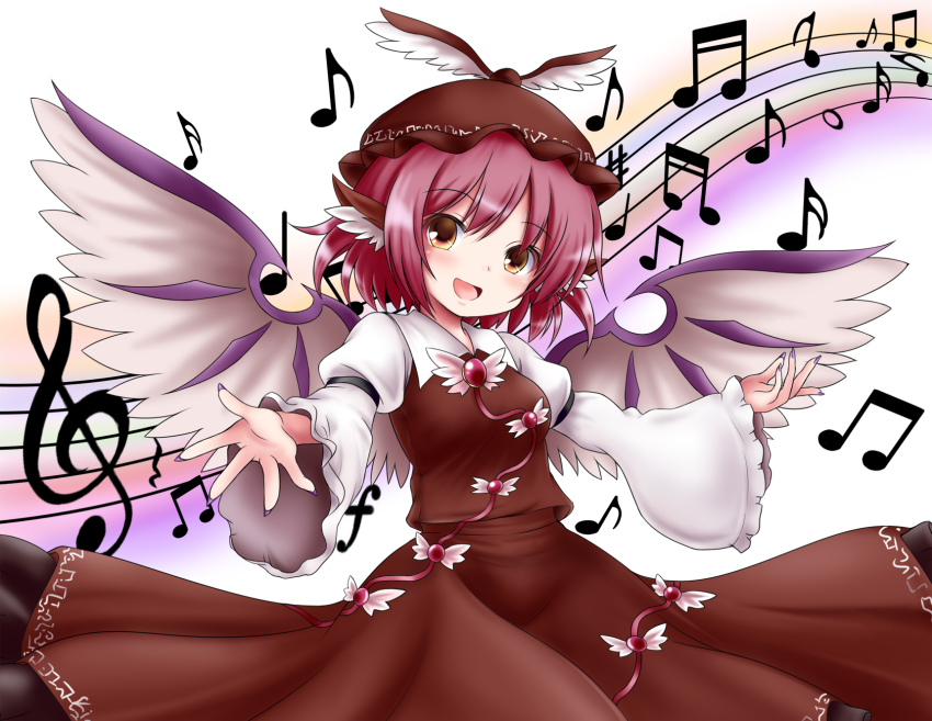 1girl animal_ears beamed_eighth_notes beamed_sixteenth_notes bird_ears bird_wings blush brown_hat collared_shirt eighth_note fingernails forte_(symbol) frilled_sleeves frills hat highres long_fingernails long_sleeves matelia musical_note mystia_lorelei nail_polish open_mouth pink_hair purple_nails quarter_note quarter_rest sharp_fingernails sharp_sign shirt short_hair sixteenth_note sleeve_garter smile solo musical_staff touhou treble_clef white_shirt white_wings whole_note wide_sleeves winged_hat wings yellow_eyes