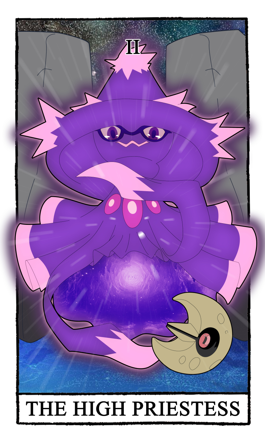 absurdres border card_(medium) carrotzmoonman closed_mouth commentary english_commentary full_body gen_3_pokemon gen_4_pokemon glowing highres lunatone mismagius nintendo no_humans pokemon pokemon_(creature) purple_eyes roman_numeral tarot tarot_(medium) the_high_priestess_(tarot) umbrakinesis wavy_mouth white_border