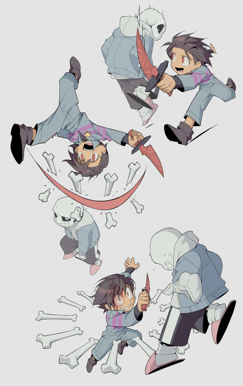 1boy 1other absurdres androgynous blood blood_from_forehead blood_on_face blue_jacket blue_pants blue_sweater bone brown_hair brown_shoes cutting duel floating floating_object frisk_(undertale) full_body highres holding holding_knife hood hooded_jacket jacket jumping knife multiple_views open_mouth outstretched_arm pants sanbel780308 sans_(undertale) shoes short_hair simple_background skeleton slippers sweater undertale white_background