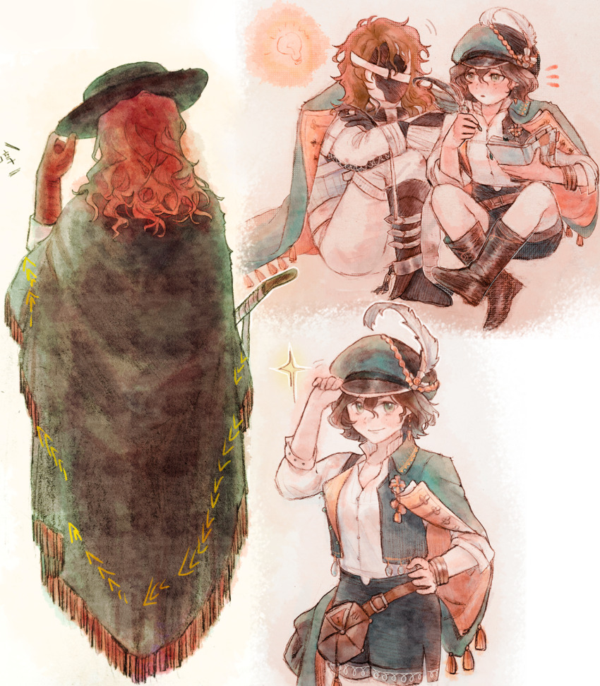 1boy 1girl :o aleph_(reverse:1999) belt_pouch black_boots black_cape black_gloves black_hat black_mask black_shorts black_vest boots brown_hair cabbie_hat cape ciaosalut covered_face cowboy_shot crossed_ankles crossed_arms facing_another facing_away from_behind full_body gloves green_cape green_eyes green_hat hand_on_headwear hand_on_own_hip hand_up hat hat_feather highres holding holding_notebook holding_quill jacket light_bulb long_hair looking_at_viewer multiple_views notebook notice_lines pants pantyhose pouch quill recoleta_(reverse:1999) red_gloves red_hair reverse:1999 shared_cape shared_clothes shirt short_hair shorts sitting smile upper_body vest white_jacket white_pants white_pantyhose white_shirt