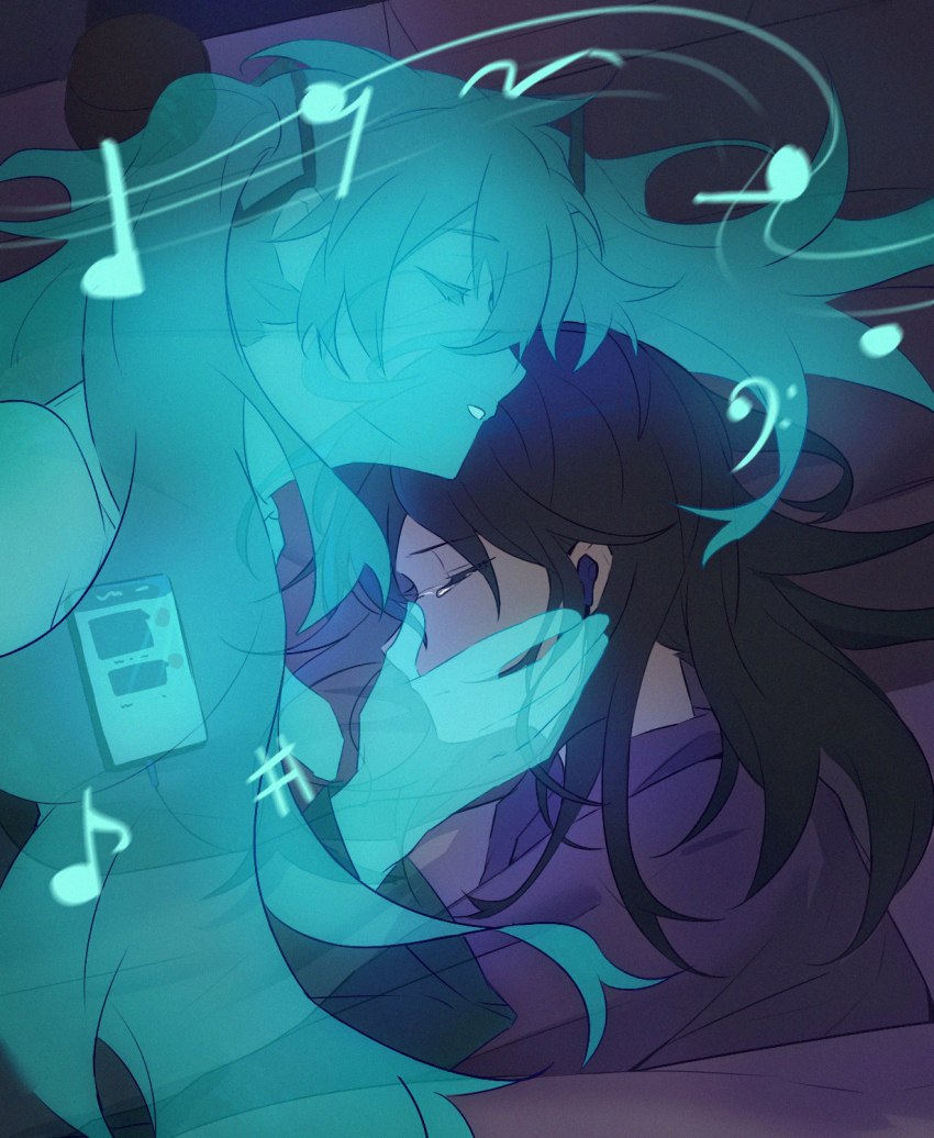 2girls aqua_theme bass_clef bed bed_sheet black_hair cellphone closed_eyes closed_mouth comforting crying earbuds earphones eighth_note eyes_visible_through_hair floating_hair from_above glowing hand_on_another&#039;s_cheek hand_on_another&#039;s_face hatsune_miku kissing_head highres hologram hoshino_ichika_(project_sekai) indoors listening_to_music long_hair lying messy_hair motion_blur multiple_girls music musical_note nape on_bed on_side pajamas parted_lips phone fake_phone_screenshot pillow profile project_sekai quarter_note sad sharp_sign smartphone musical_staff tears transparent twintails under_covers very_long_hair vocaloid ximuye