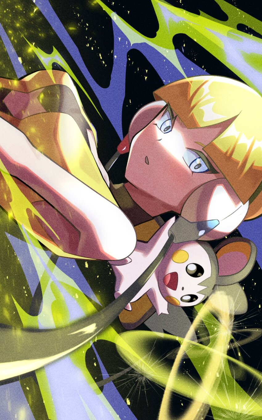 1girl bare_shoulders black_choker blonde_hair blue_eyes blunt_bangs breasts choker collarbone dress elesa_(pokemon) emolga flying_squirrel gen_5_pokemon headphones highres inana_umi low_neckline medium_breasts nintendo pokemon pokemon_(creature) pokemon_bw short_dress short_hair sideways sleeveless sleeveless_dress squirrel upper_body yellow_dress