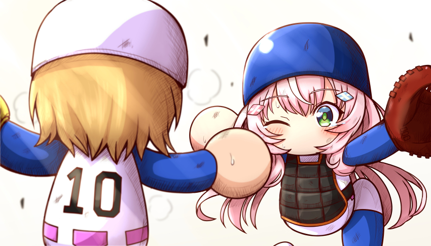 1girl 1other baseball_glove baseball_uniform blue_hat blush chest_protector chibi chibi_only green_eyes hair_ornament hat highres jikkyou_powerful_pro_yakyuu jikkyou_powerful_pro_yakyuu_(style) kanda_shouichi long_hair looking_at_another nijisanji nijisanji_kr no_mouth one_eye_closed pink_hair rayman_limbs shiroi_tansu sportswear sweat tears virtual_youtuber white_background white_hat yang_nari