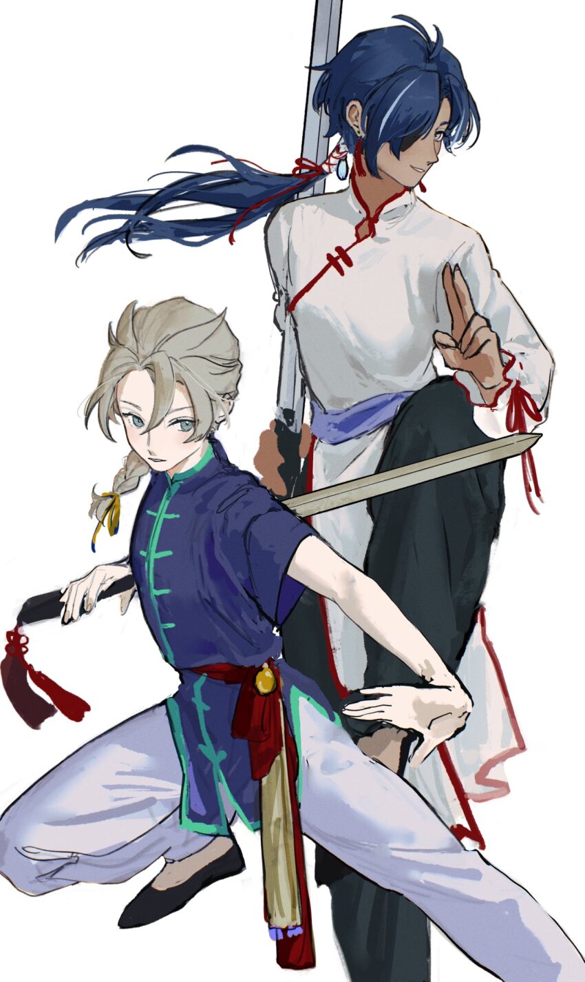 2boys aji_11300913 albedo_(genshin_impact) alternate_costume black_pants black_shoes blue_eyes blue_hair blue_shirt chinese_clothes commentary_request dark-skinned_male dark_skin eyepatch fighting_stance foot_out_of_frame genshin_impact hair_between_eyes hair_ribbon highres holding holding_sword holding_weapon kaeya_(genshin_impact) long_hair long_sleeves looking_at_viewer male_focus multiple_boys pants parted_lips ponytail red_ribbon red_sash ribbon sash shirt shoes short_sleeves simple_background smile sword sword_tassel tassel weapon white_background white_pants white_shirt yellow_ribbon