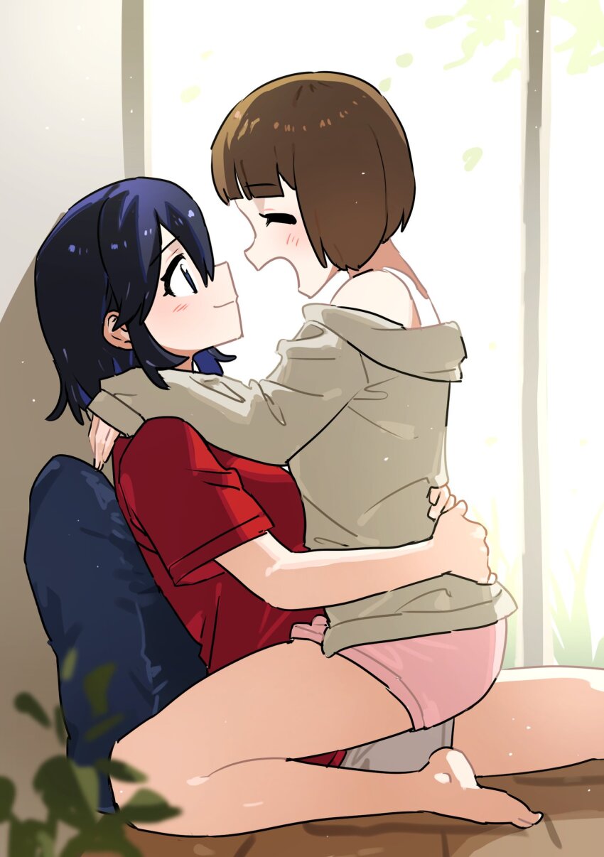 2girls barefoot black_hair blush brown_hair closed_eyes closed_mouth commentary_request day grey_hoodie habsida_(habsida_hpy) hand_on_another&#039;s_waist hands_on_another&#039;s_shoulders highres hood hoodie kill_la_kill korean_commentary light_particles looking_at_another mankanshoku_mako matoi_ryuuko multiple_girls open_mouth panties pink_panties red_shirt shirt short_hair short_sleeves sitting sitting_on_lap sitting_on_person smile underwear yuri