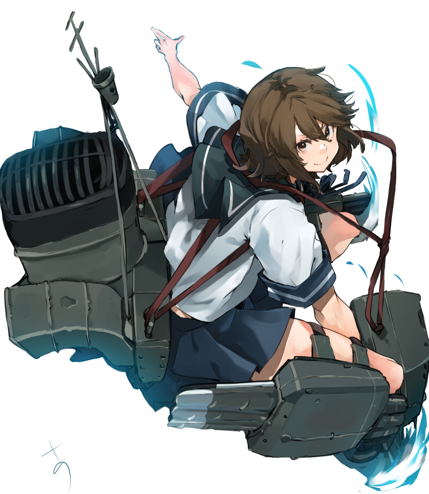 1girl black_hair blue_sailor_collar blue_skirt brown_eyes brown_hair grin highres kantai_collection machinery miyuki_(kancolle) pleated_skirt sailor_collar school_uniform serafuku shirt short_sleeves simple_background skirt smile smokestack solo sunday_aki torpedo_launcher white_background white_shirt