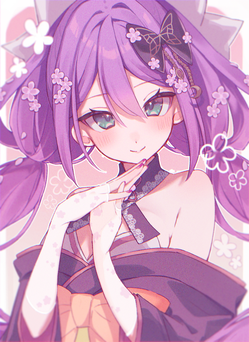 1girl bare_shoulders black_kimono blue_bag blue_eyes blush bow butterfly_bow butterfly_hair_ornament closed_mouth criss-cross_halter elbow_gloves fingerless_gloves flower gloves hair_between_eyes hair_bow hair_flower hair_ornament halterneck hamunama highres japanese_clothes kimono long_hair looking_at_viewer low_twintails nail_polish nijisanji obi off_shoulder palms_together pink_nails purple_hair sakura_ritsuki sakura_ritsuki_(1st_costume) sash smile solo twintails upper_body virtual_youtuber white_gloves yellow_sash
