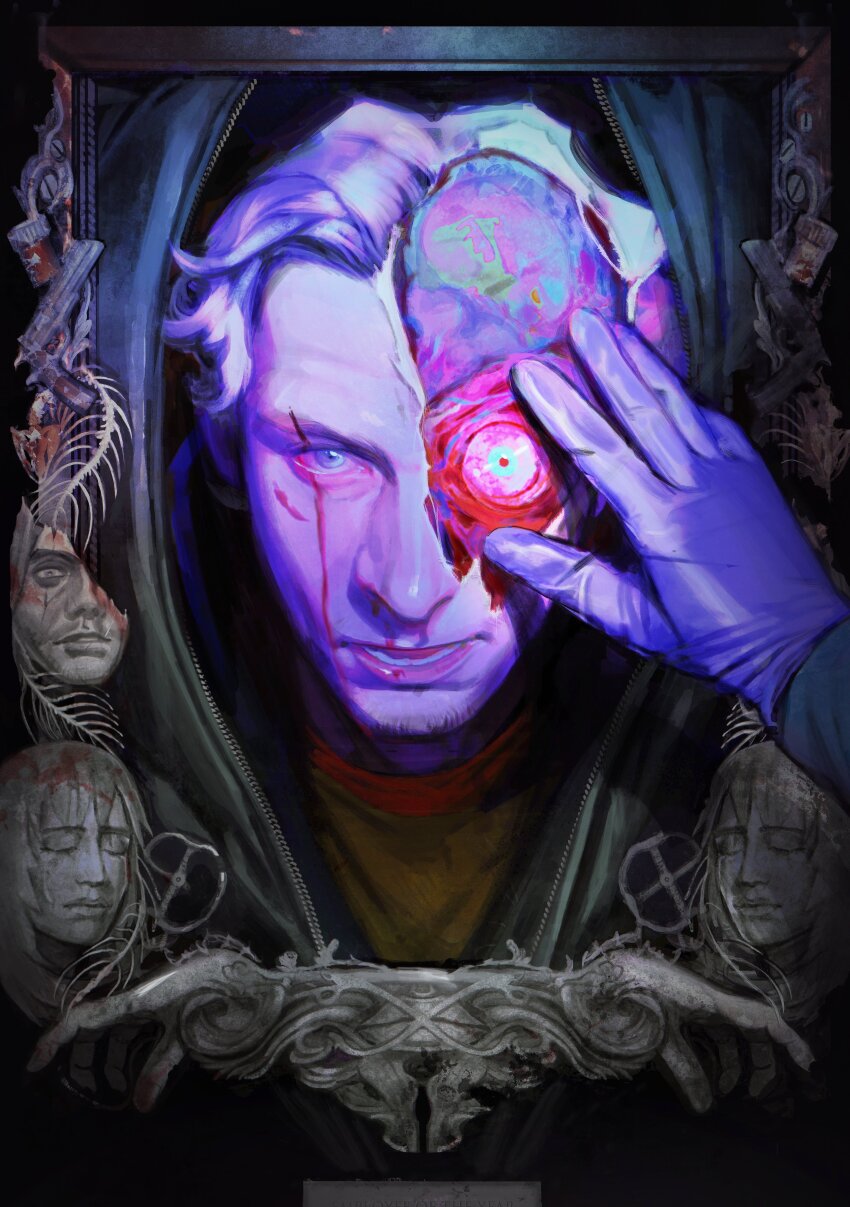 absurdres anya_(mouthwashing) blood blue_eyes bottle curly_(mouthwashing) curly_(post-crash)_(mouthwashing) curly_(pre-crash)_(mouthwashing) disembodied_hand disfigured exposed_brain exposed_muscle facial_hair finch_(mrf6414) fish_skeleton gloves gun handgun highres how_fish_is_made injury jimmy_(mouthwashing) looking_at_viewer male_focus medicine_bottle mouthwashing partially_colored shirt solo_focus valve weapon yellow_shirt zipper