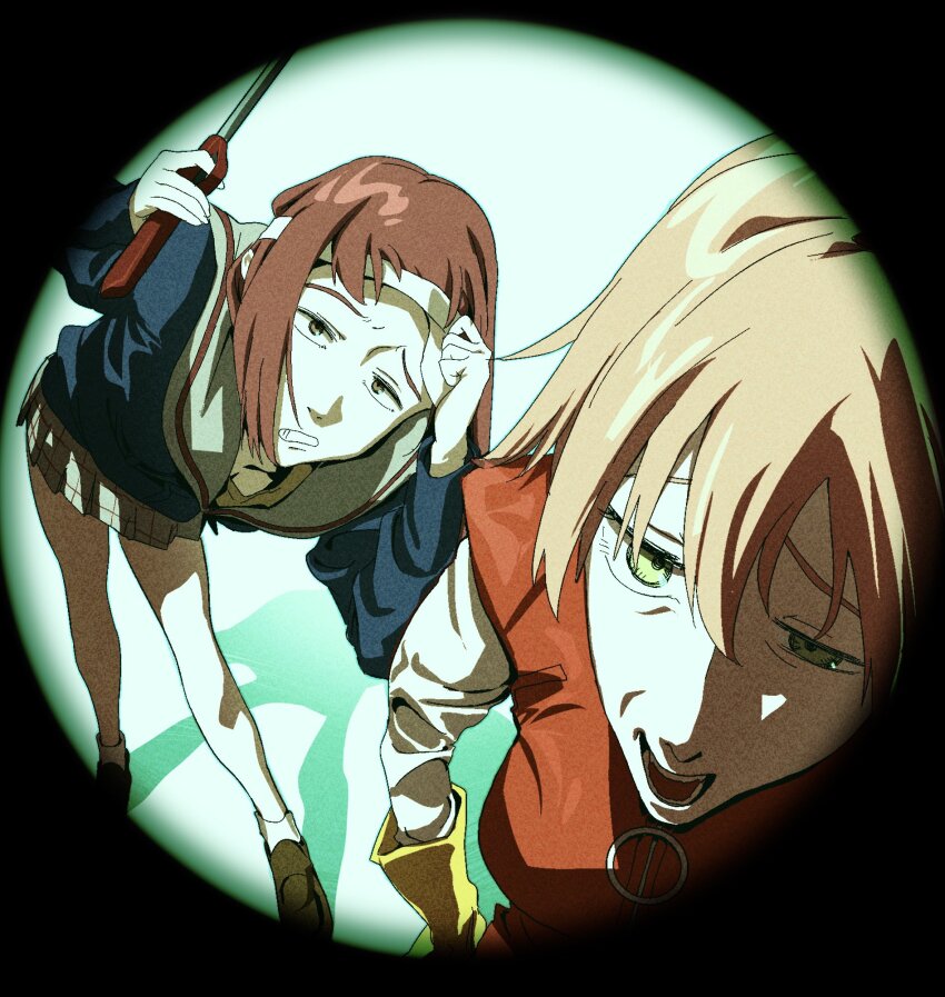 2girls breasts brown_footwear flcl green_eyes hair_between_eyes haruhara_haruko highres medium_breasts multiple_girls open_mouth pink_hair pink_punk_ponk red_hair sailor_collar samejima_mamimi shadow skirt socks teeth white_socks