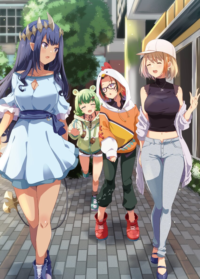 4girls absurdres animal_ears baseball_cap bear_ears black-framed_eyewear black_footwear black_hair black_pants black_shirt blue_sash blush boots braid breasts brown_eyes brown_shorts building buttons cardigan_partially_removed chicken_hood city cleavage cleavage_cutout closed_eyes clothing_cutout commentary_request demon_girl demon_tail dress flat_chest frilled_sleeves frills full_body fur-trimmed_shorts fur_trim glasses green_hair green_hoodie grey_dress grey_pants grey_sweater hair_ornament hairclip hat highres hinokuma_ran hood hood_up hoodie jewelry kazami_kuku kichihachi lace lace-trimmed_shirt lace_trim large_breasts light_brown_hair long_hair long_sleeves looking_at_another looking_back midriff multicolored_hair multiple_girls nanashi_inc. navel necklace off-shoulder_dress off_shoulder official_alternate_costume open_fly open_mouth orange_hair orange_hoodie outdoors pants pointy_ears red_eyes red_footwear red_hair running_bond sash second-party_source shimamura_charlotte shirt shoes short_hair short_sleeves shorts sidelocks sleeveless sleeveless_shirt smile sweater tail tan textless_version touri_sei touri_sei_(2nd_costume) tree turtleneck two-tone_hair virtual_youtuber walking white_headwear zipper