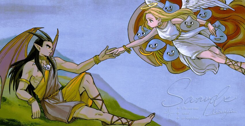1boy 1girl angel_wings armlet bangle bare_shoulders barefoot black_hair blonde_hair blue_background bracelet breasts commentary creature demon_wings derivative_work dragon_quest dragon_quest_builders_2 dress earrings english_commentary feathered_wings female_builder_(dqb2) fine_art_parody floating gladiator_sandals hair_slicked_back halo highres holding_hands hoop_earrings jewelry long_hair medium_breasts mouyi necklace orange_robe outstretched_hand parody pointy_ears reclining robe sample_watermark sandals sidoh_(dqb2) sign skull_necklace slime_(dragon_quest) slime_(substance) the_creation_of_adam toga tooth_necklace watermark white_dress white_wings wings
