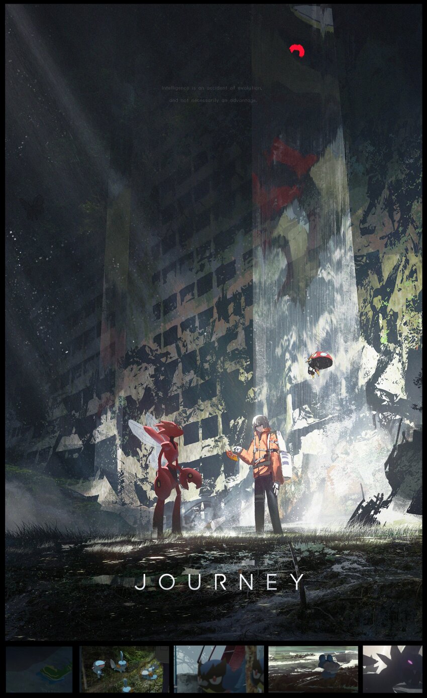 1girl abandoned absurdres asteroid_ill backpack bag black_pants building city commentary day english_text floating gen_2_pokemon gen_4_pokemon gen_8_pokemon giratina highres insect_wings jacket legendary_pokemon moss nintendo orange_jacket orbeetle outdoors overgrown pants pokedex pokemon pokemon_(creature) post-apocalypse reflection rubble ruins scizor shoes sunlight wide_shot wings
