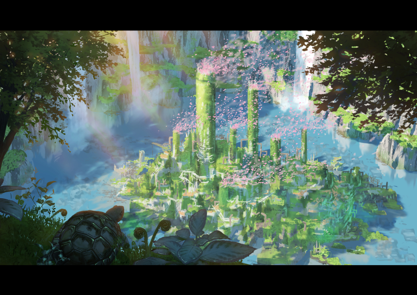 absurdres animal animal_focus day fantasy highres no_humans original outdoors plant ruins scenery shade sumassha_t_t tortoise tree turtle water waterfall