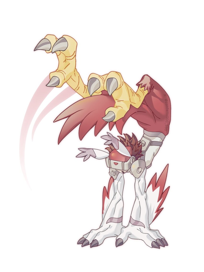 1boy body_fur confeito000_333 digimon digimon_(creature) digimon_adventure_02 handstand head-mounted_display highres male_focus silphymon simple_background solo talons white_background white_fur