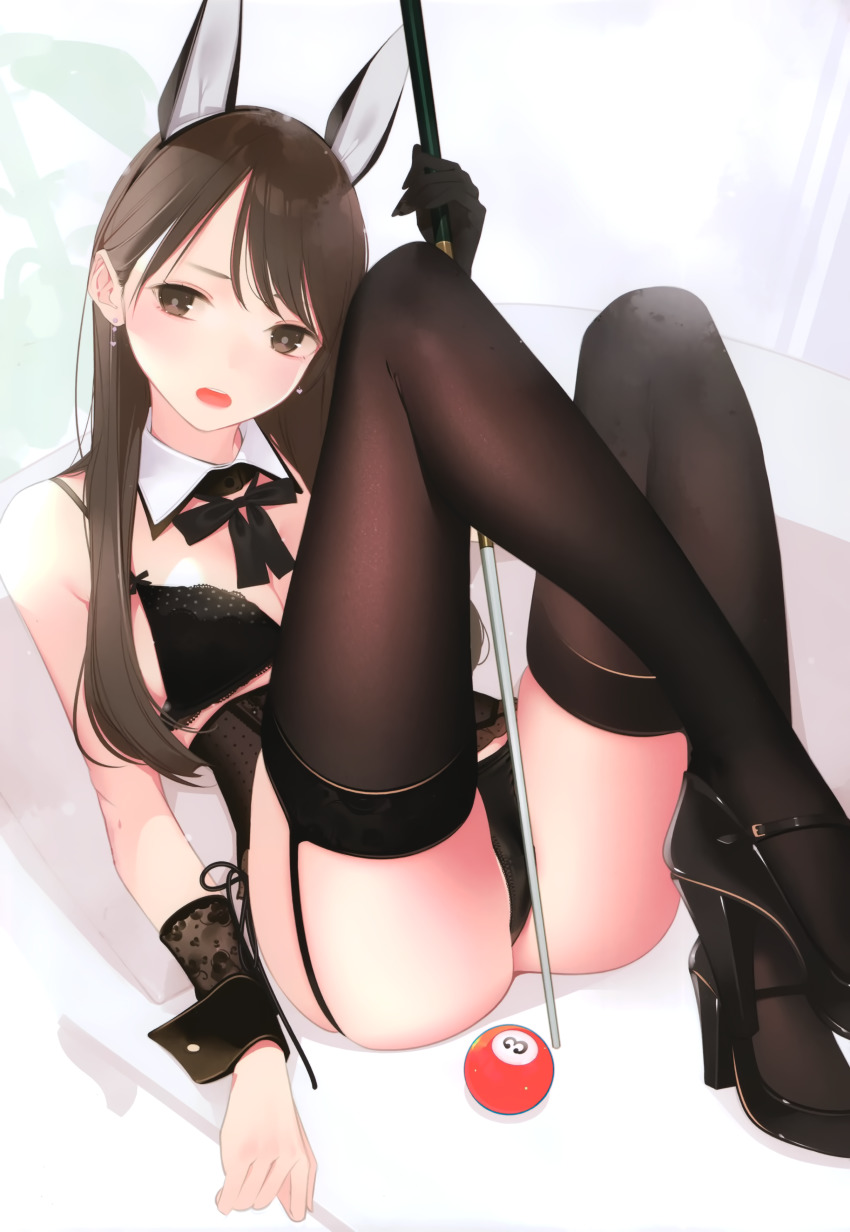 1girl absurdres ama_mitsuki animal_ears ass ball bare_shoulders between_legs billiard_ball black_bra black_eyes black_hair black_panties black_shoes bra breasts brown_thighhighs corset cue_stick detached_collar earrings fake_animal_ears fine_fabric_emphasis garter_straps high_heels highres holding jewelry knees_up lace lace-trimmed_bra lace_trim lingerie long_hair looking_at_viewer mary_janes medium_breasts neck_ribbon non-web_source open_mouth original panties pumps rabbit_ears ribbon satin satin_panties scan shoes side-tie_panties sidelocks simple_background sitting skindentation solo thighhighs underwear underwear_only white_background wrist_cuffs