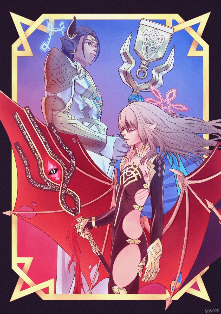 1boy 1girl abs absurdres animal_ears artist_name askr_(fire_emblem) bat_ears black_bodysuit black_hair bodysuit cape commentary covered_abs cow_horns dark-skinned_male dark_skin embla_(fire_emblem) eyepatch fire_emblem fire_emblem_heroes gold_trim halo highres holding holding_staff horns lace_trim long_hair nintendo pale_skin polar_opposites red_eyes staff very_long_hair white_bodysuit white_hair ykjun18