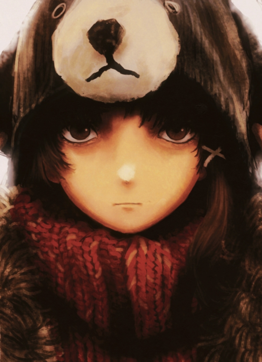 1girl animal_hood bear_hood brown_eyes brown_hair closed_mouth highres hood hood_up iwakura_lain knit_scarf looking_at_viewer portrait ranm12s red_scarf scarf serial_experiments_lain solo
