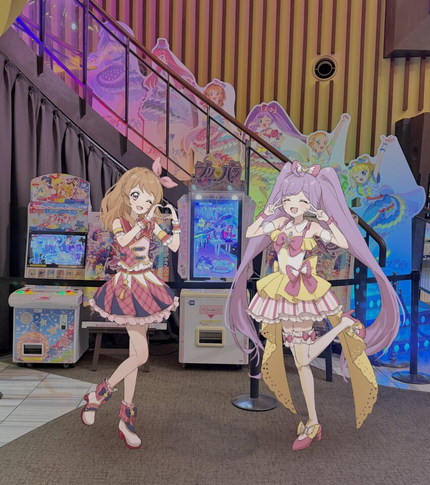 2girls :d ahoge aikatsu! aikatsu!_(series) aikatsu!_x_pripara_the_movie_-deai_no_kiseki!- arcade_cabinet boots bow closed_eyes crossover double_v dress frilled_skirt frills full_body genre_connection hair_bow hands_up heart heart_hands high_heel_boots high_heels highres hikami_sumire hojo_sophy indoors long_hair looking_at_viewer manaka_laala minami_mirei mossa_m multiple_girls open_mouth orange_hair ozora_akari photo_background pink_bow pink_eyes pink_shirt pink_skirt pleated_skirt pretty_series pripara purple_hair shinjo_hinaki shirt short_dress skirt sleeveless sleeveless_dress smile standing standing_on_one_leg thighhighs twintails v v_over_eye very_long_hair white_thighhighs yellow_dress