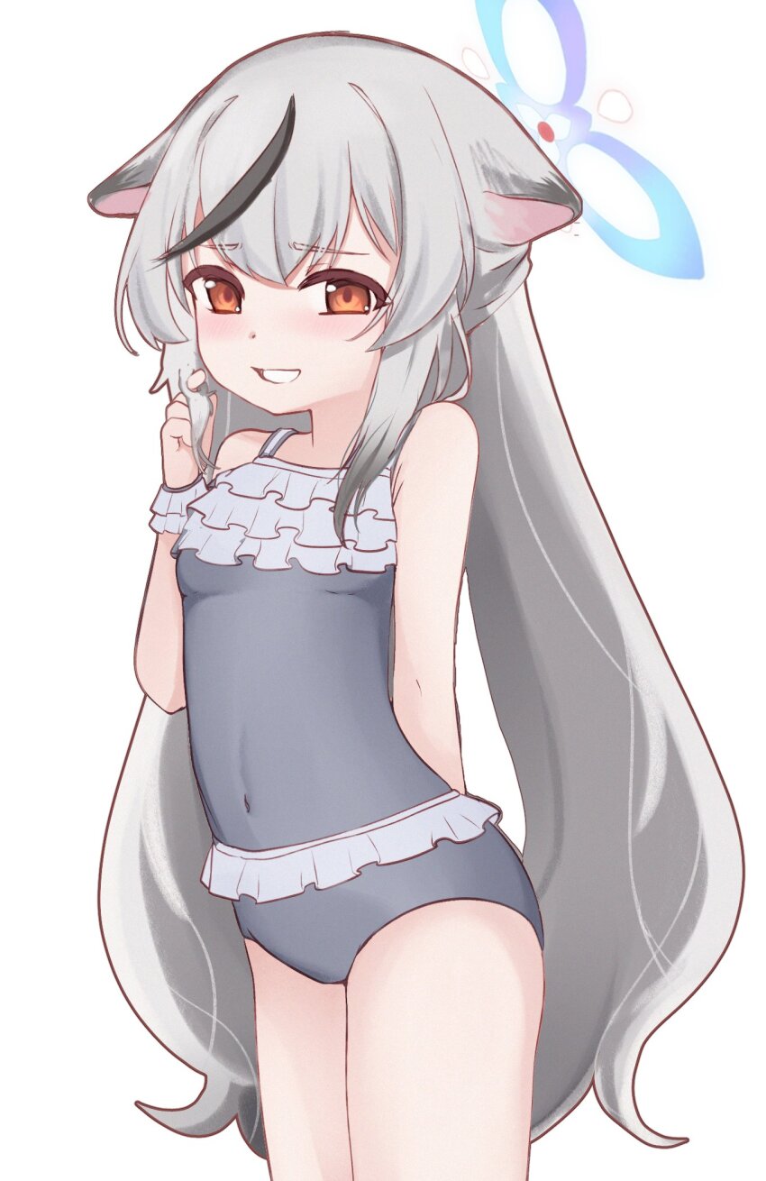1girl adjusting_hair animal_ears arm_behind_back bare_shoulders blue_archive blue_halo blush breasts commission covered_navel cowboy_shot dot_nose embarrassed eyebrows_hidden_by_hair female_focus frilled_one-piece_swimsuit frills grey_hair grey_one-piece_swimsuit grin halo hand_up highres kokona_(blue_archive) loli long_hair looking_at_viewer meemz_a nervous nervous_smile one-piece_swimsuit orange_hair simple_background small_breasts smile solo standing swimsuit teeth tiger_ears tiger_girl white_background