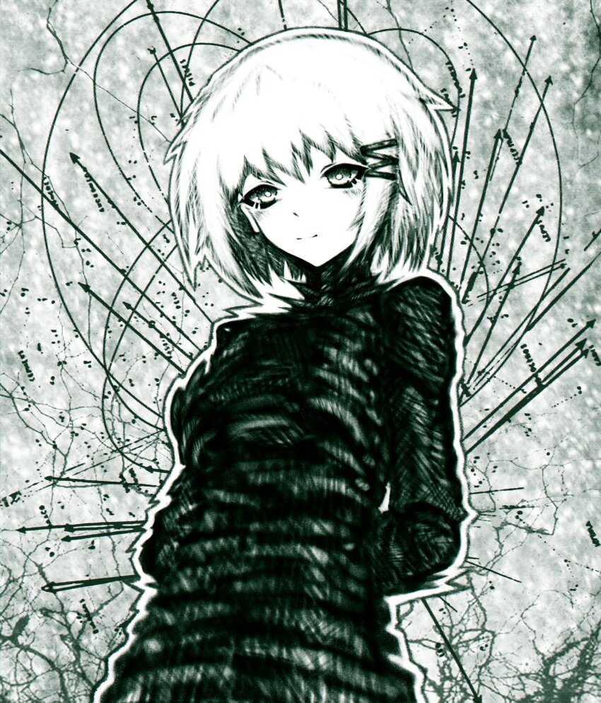 11e10 1girl abstract_background absurdres arms_behind_back blush bright_pupils collar eyeliner faux_traditional_media green_theme hair_ornament hairclip hashtag-only_commentary high_contrast highres leaning_back looking_at_viewer makeup marie_(peripeteia) monochrome outline peripeteia smile solo spiked_collar spikes standing upper_body white_hair white_outline white_pupils