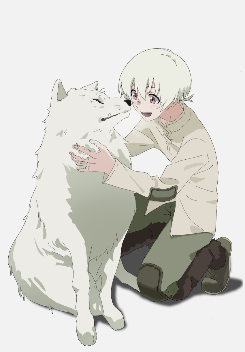 1boy billyonthestraw blush fumetsu_no_anata_e fushi hair_between_eyes highres kneeling light_blush long_sleeves open_mouth pants petting red_eyes shadow shirt shoes short_hair simple_background teeth tongue white_background white_hair white_shirt wolf