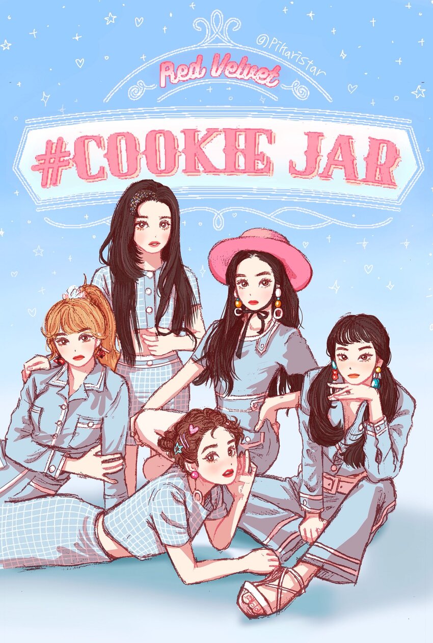 5girls black_hair blonde_hair blue_jacket blue_pants blue_theme blunt_bangs commentary_request earrings full_body group_name hat highres irene_(red_velvet) jacket jewelry joy_(red_velvet) k-pop looking_at_viewer lying multiple_girls on_stomach pants pikaristar pink_hat real_life red_lips red_velvet_(group) seulgi_(red_velvet) sitting song_name twintails twitter_username wendy_(red_velvet) yeri_(red_velvet)