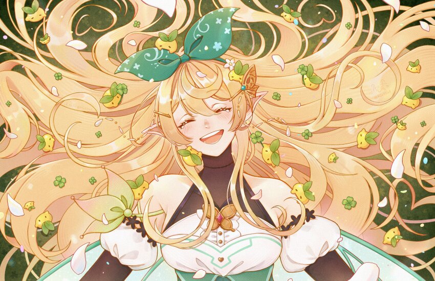 1girl :d a.cat absurdres blonde_hair blush bow breasts detached_sleeves fairy fairy_wings falling_petals hair_between_eyes hair_bow highres long_hair lying medium_breasts nijisanji nijisanji_en on_back open_mouth petals pointy_ears pomu_rainpuff pomu_rainpuff_(1st_costume) pomudachi_(pomu_rainpuff) smile tearing_up very_long_hair virtual_youtuber wings